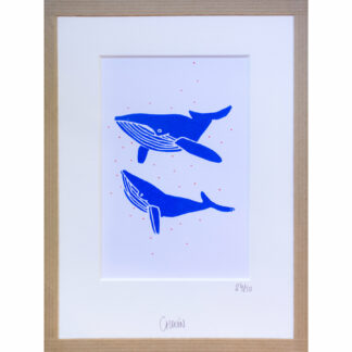 Linogravure Morgane Chouin 'Danse de baleines' 18x24
