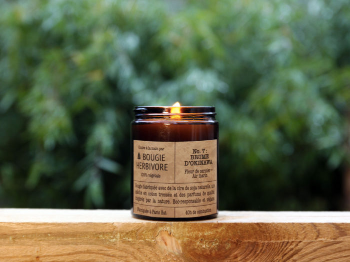 Bougie-herbivore-L'Inatelier_Nantes_Bougie naturelle_vegan_Brume d'Okinawa _Fleur de cerisier et air marin_parfum naturel_pot en verre_fabrication française_recyclable_eco-friendly_150gr