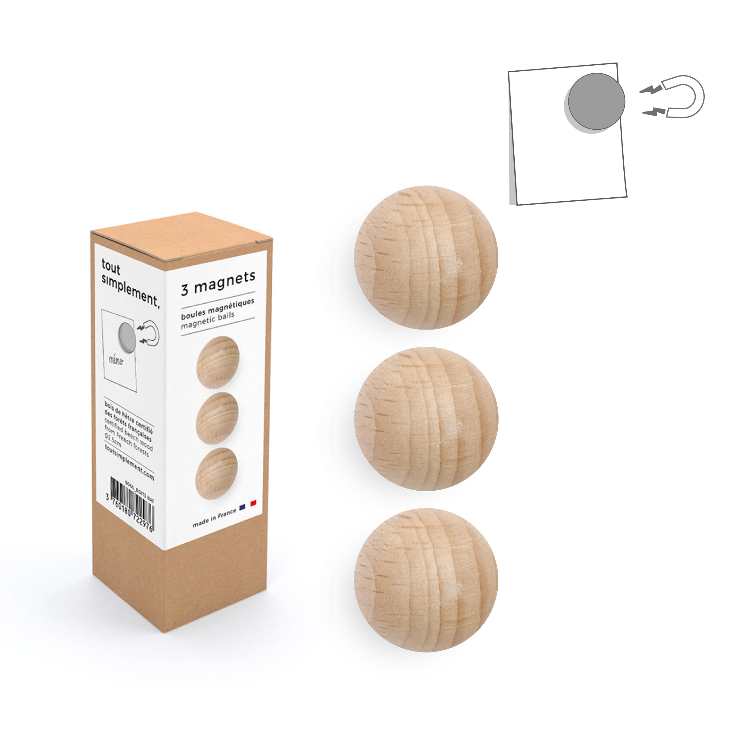 Magnets - Lot de 3 boules en bois - L'INATELIER Design & Artisanat