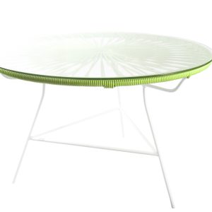 table basse ronde exterieur Zipolite Boqa_salon de jardin_design_pvc_tressage polyvinyl_terrasse_balcon_picsince_été_mobilier ext_couleur_personnalisable_plateau en verre_made in France_L'Inatelier_Nantes_boutique déco_artisanat français_vert anis_profil_structure blanche