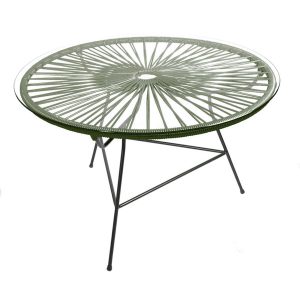 table basse ronde exterieur Zipolite Boqa_salon de jardin_design_pvc_tressage polyvinyl_terrasse_balcon_picsince_été_mobilier ext_couleur_personnalisable_plateau en verre_made in France_L'Inatelier_Nantes_boutique déco_artisanat français_vert olive_3/4 haut_structure acier noir_zoom_acapulco