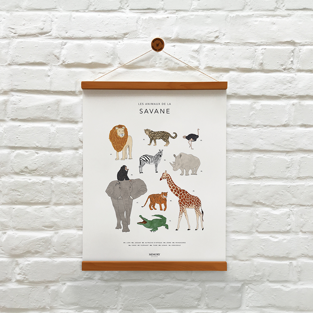memoryAffiches_animaux_SAVANE_enfant_chambre_jeux_ludique_madeinfrance_nantes_L'Inatelier_poster_dessin_girafe_elephant_tigre_zebre40x50cm