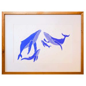 Grande Linogravure 'Quatuor de Baleines' 60x80 cm