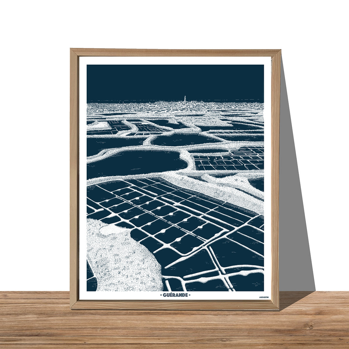 Affiche Augustin-bleu et blanc- Guérande- Marais salants-Bretagne-mer-plage-déco-poster-Linatelier-Avec cadre